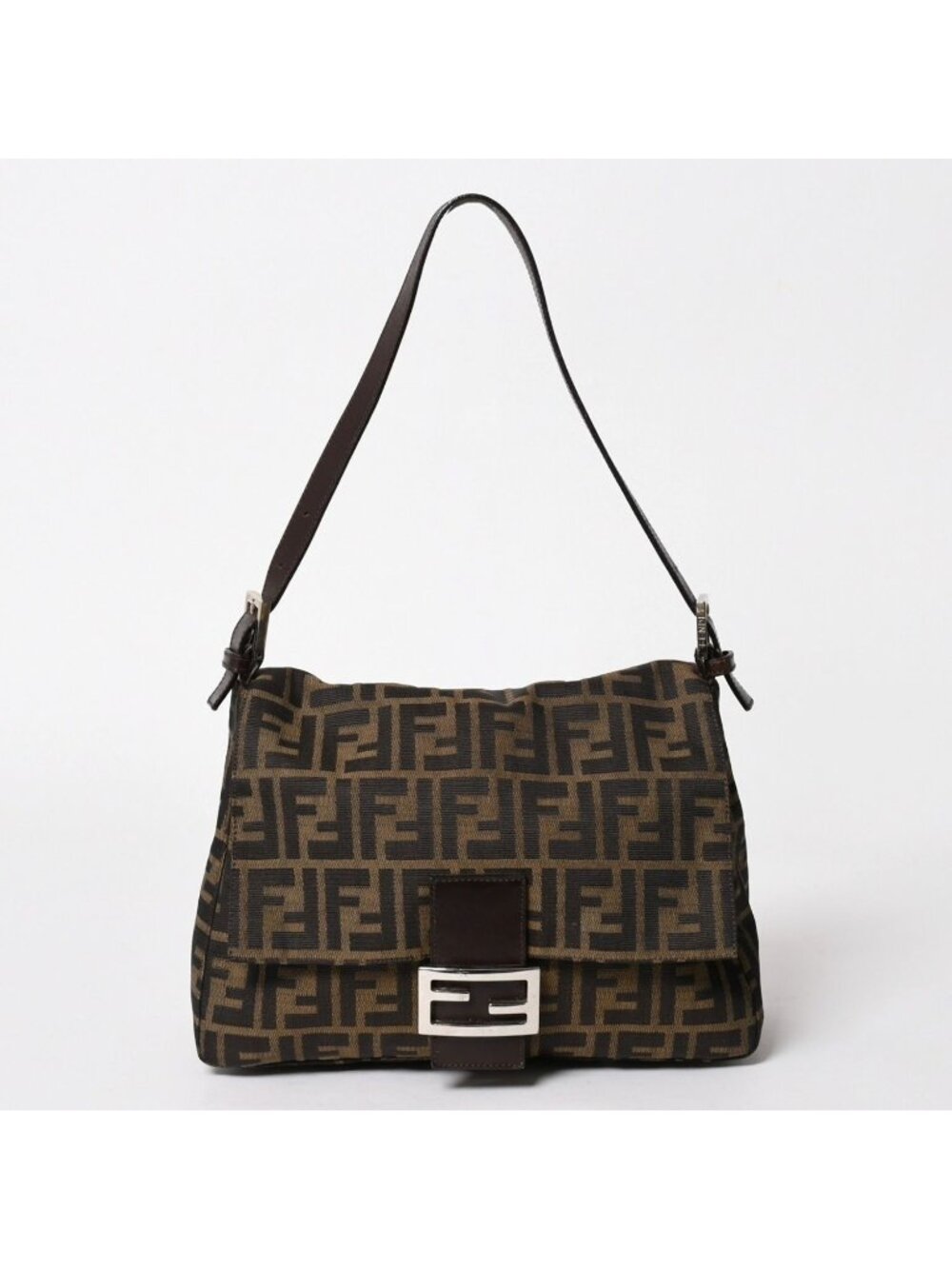 Fendi Zucca Pattern Mamma Baguette Shoulder Bag Canvas Leather Brown FF Buckle